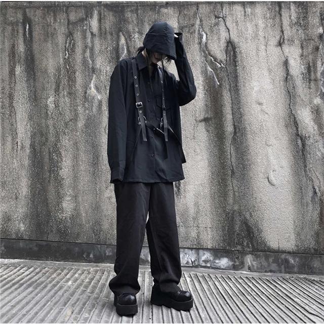 シャツ レディース ハーネスベルトシャツ ストリート 長袖 トップス ベルト サスペンダーブラック 黒 コーデ おしゃれ 女子 サブカル 青文字系 韓国 Ka080 Pleglad 通販 Yahoo ショッピング