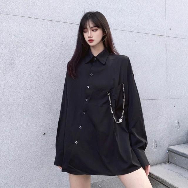 春コーデ❤️レディース　長袖　ブラウス　モード　ゴシック　かっこいい シャツ レディース 長袖 個性的 トップス モード系 チェーン付き 不