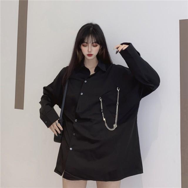 シャツ レディース 長袖 個性的 トップス モード系 チェーン付き 不
