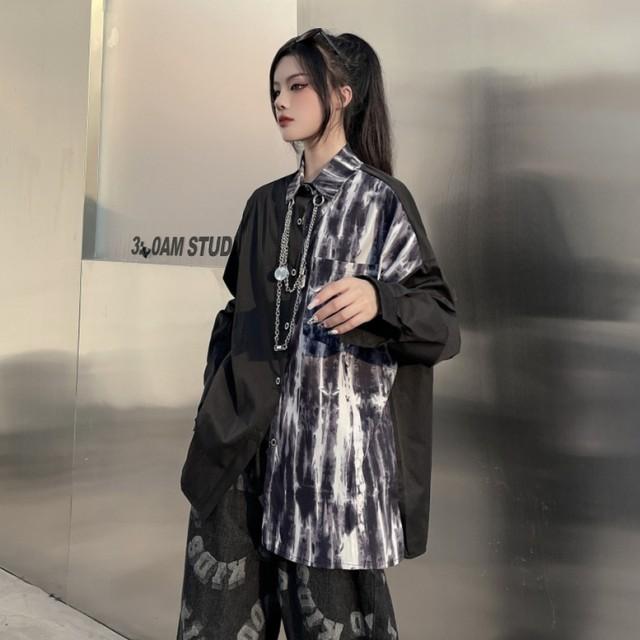 シャツ レディース  長袖 個性的 トップス モード チェーン付き 柄シャツ 韓国ファッション 不規則 タイダイ ゴシック 黒 ストリートファッション |  | 02