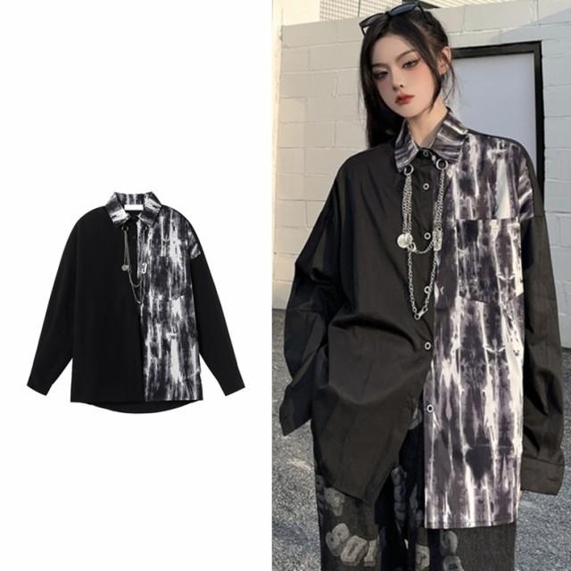 シャツ レディース  長袖 個性的 トップス モード チェーン付き 柄シャツ 韓国ファッション 不規則 タイダイ ゴシック 黒 ストリートファッション |  | 01