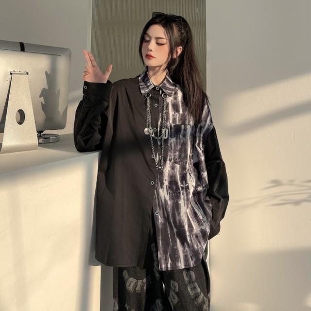 シャツ レディース  長袖 個性的 トップス モード チェーン付き 柄シャツ 韓国ファッション 不規則 タイダイ ゴシック 黒 ストリートファッション |  | 04