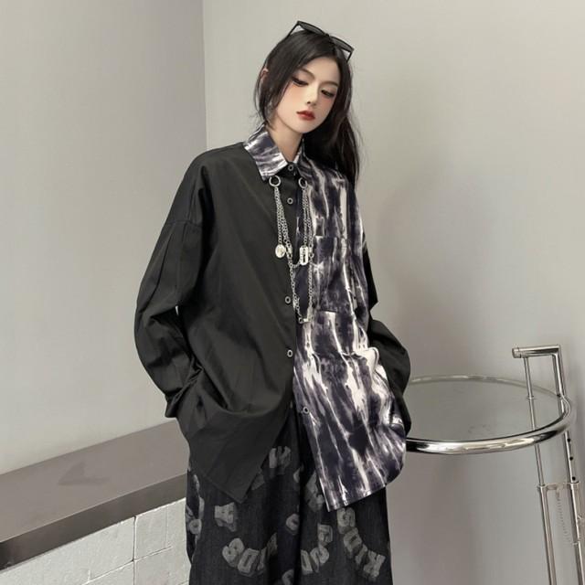 シャツ レディース  長袖 個性的 トップス モード チェーン付き 柄シャツ 韓国ファッション 不規則 タイダイ ゴシック 黒 ストリートファッション |  | 06
