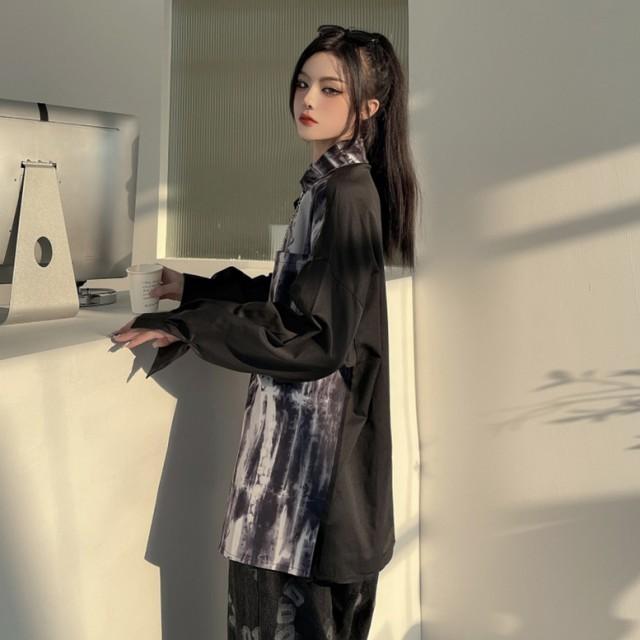 シャツ レディース  長袖 個性的 トップス モード チェーン付き 柄シャツ 韓国ファッション 不規則 タイダイ ゴシック 黒 ストリートファッション |  | 07