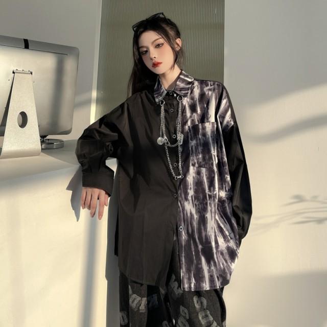 シャツ レディース  長袖 個性的 トップス モード チェーン付き 柄シャツ 韓国ファッション 不規則 タイダイ ゴシック 黒 ストリートファッション |  | 08