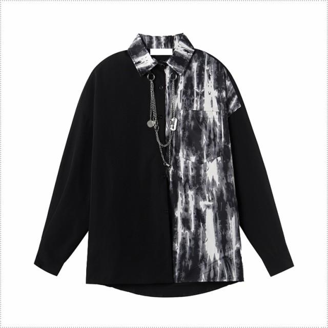 シャツ レディース  長袖 個性的 トップス モード チェーン付き 柄シャツ 韓国ファッション 不規則 タイダイ ゴシック 黒 ストリートファッション |  | 10