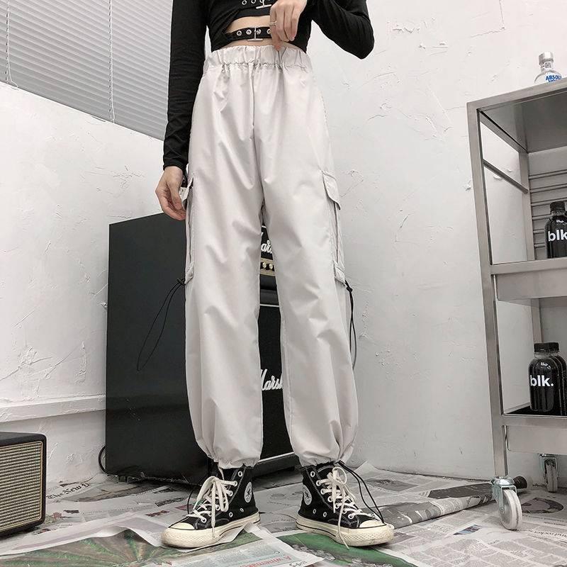 カーゴパンツ レディース 韓国ファッション ストリート ジョガーパンツ スポーツ ダンス 黒 白色 :P147:pLegLad 通販 スポーツ パンツ ハイストリート ルーズストレートパンツ