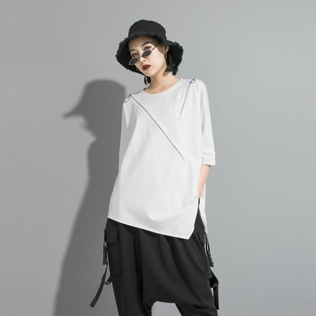 トップス レディース Tシャツ 半袖 デザイン シャツ モード系 個性的 不規則 アシンメトリー 大人 ゆったり おしゃれ 黒 韓国ファッション 春夏 | 