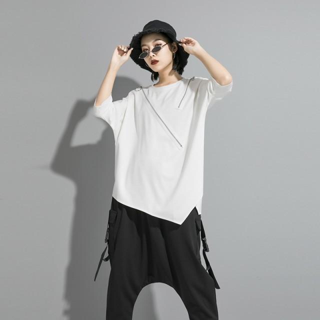 トップス レディース Tシャツ 半袖 デザイン シャツ モード系 個性的 不規則 アシンメトリー 大人 ゆったり おしゃれ 黒 韓国ファッション 春夏 |  | 02