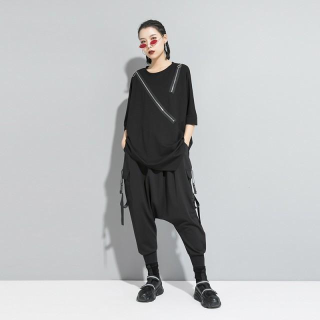 トップス レディース Tシャツ 半袖 デザイン シャツ モード系 個性的 不規則 アシンメトリー 大人 ゆったり おしゃれ 黒 韓国ファッション 春夏 |  | 05