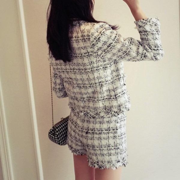 ツイード ジャケット パンツセットアップ 2ピース チェック柄 ショート