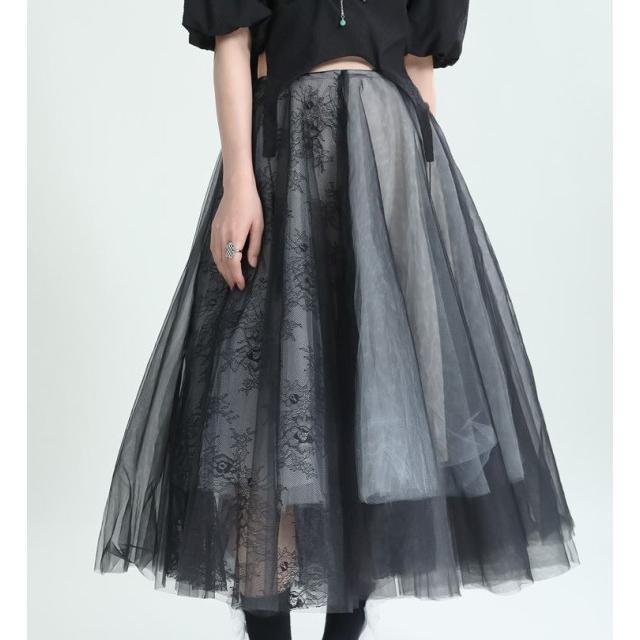 新品級✨ M'S GRACY チュールスカート 40 Ｌ 黒 グレー 春夏 花柄 チュールスカート レディース 個性的 不規則 スカート アシンメトリー