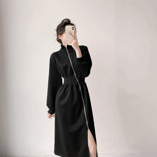 ワンピース 長袖 スリム プリーツ モード系 不規則 ジップ ドレス 秋