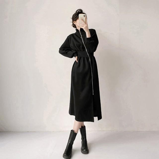 ワンピース 長袖 スリム プリーツ モード系 不規則 ジップ ドレス 秋