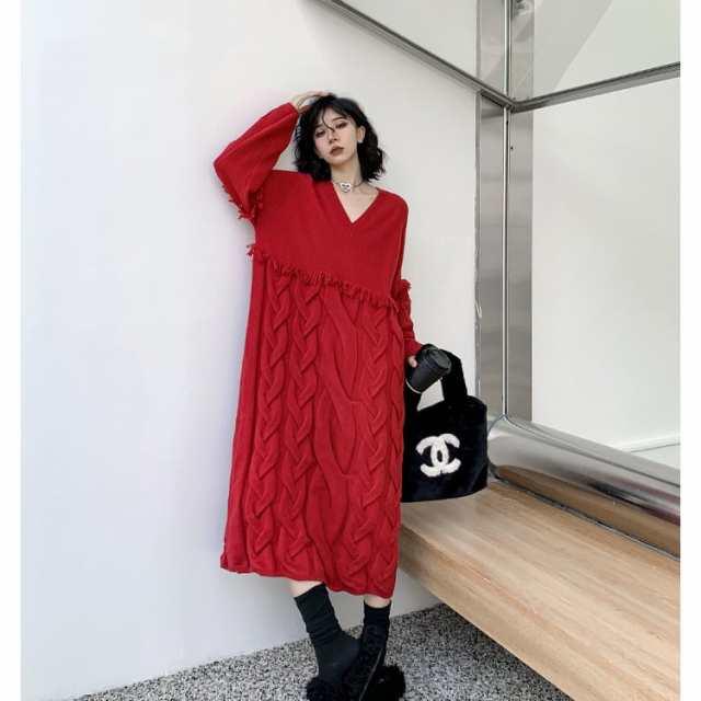 ニットワンピース ロング ワンピ レディース 長袖 Vネック モード系