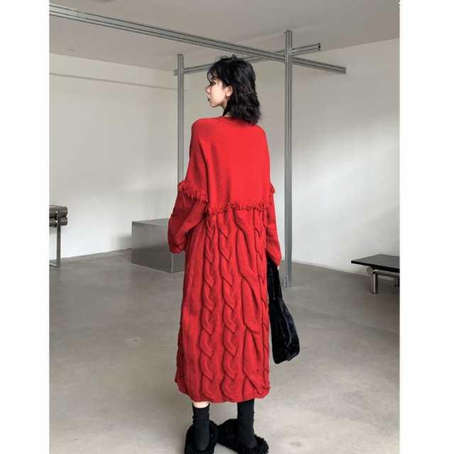 ニットワンピース ロング ワンピ レディース 長袖 Vネック モード系