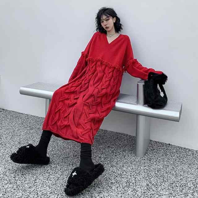 ニットワンピース ロング ワンピ レディース 長袖 Vネック モード系