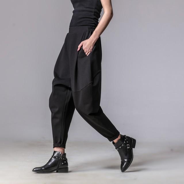 CNLS ハーレムスタイルパンツ ブラック サルエルパンツ レディース クロップドパンツ モード系 パンツ 9分丈