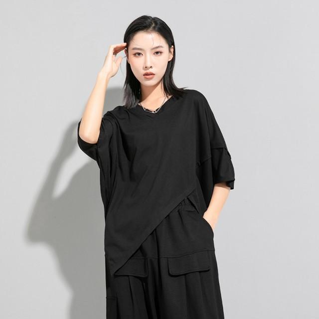 トップス レディース Tシャツ モード系 半袖 個性的 Vネック ドルマン