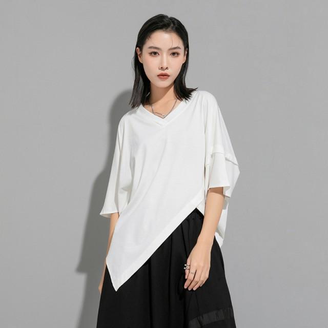 トップス レディース Tシャツ モード系 半袖 個性的 Vネック ドルマン