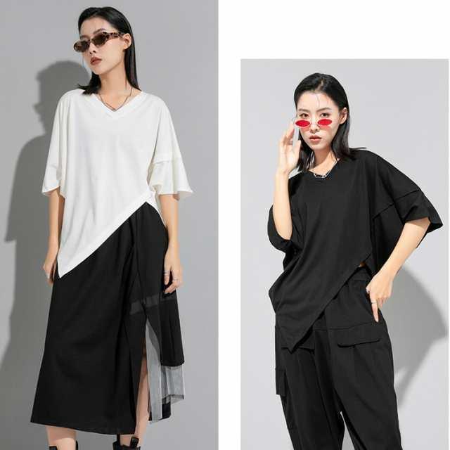 トップス レディース Tシャツ モード系 半袖 個性的 Vネック ドルマン