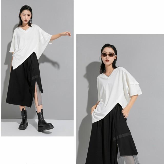 トップス レディース Tシャツ モード系 半袖 個性的 Vネック ドルマン