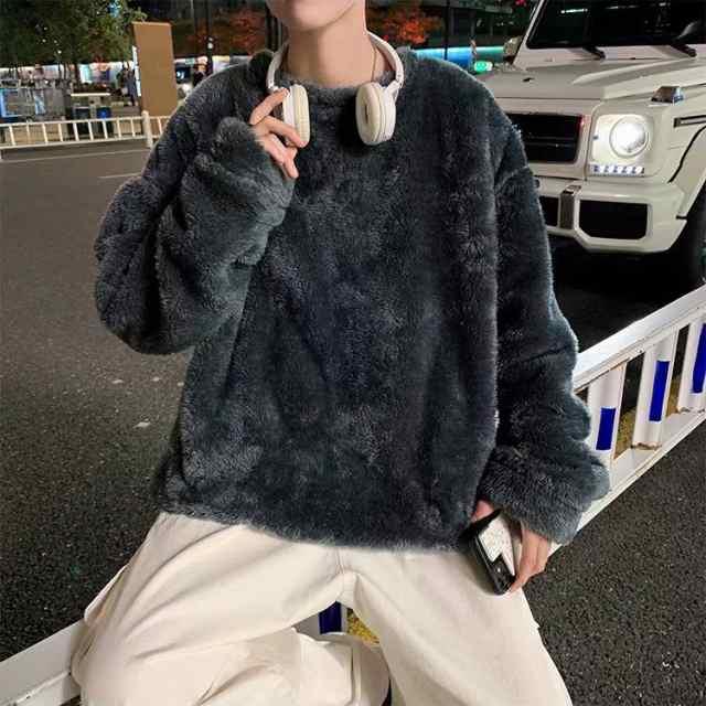 ボア ニット メンズ ファー セーター トップス トレーナー あったか 黒