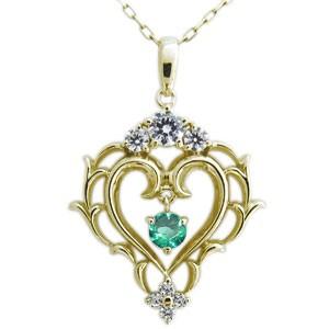 エメラルド ネックレス 唐草 オープンハート ネックレス K18 ペンダント