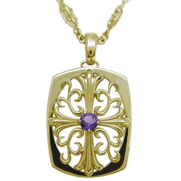 アメジスト クロス メンズネックレス 唐草 ペンダント K10