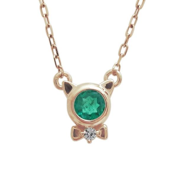 エメラルド プチペンダント レディース 一粒 ネックレス 猫 10金