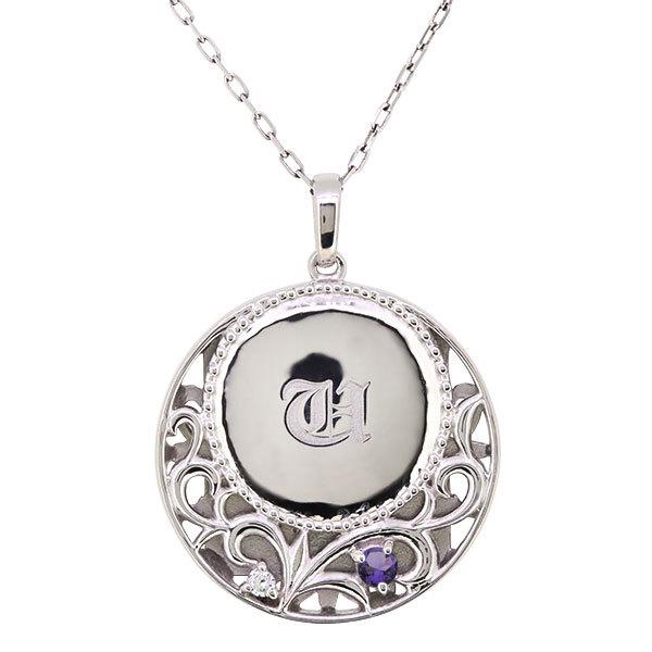ネーム ペンダント プラチナ ネックレス イニシャル QRコード 刻印 アラベスク おしゃれ ドッグタグ 認識票 アメジスト(59220円)