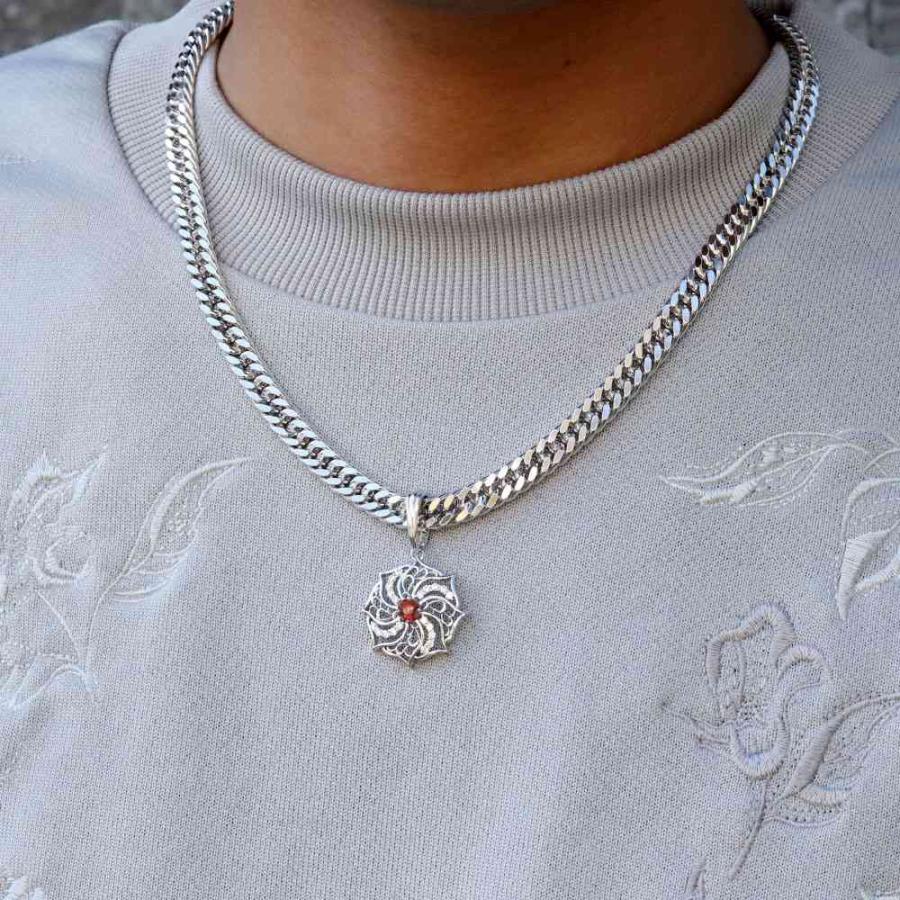 ネックレス メンズ シルバー 1月誕生石 ガーネット 喜平 ペンダント 唐草 喜平チェーン SV925の画像