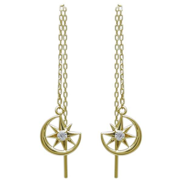 ロングピアス 星 月モチーフ ピアス ダイヤモンドピアス 18金
