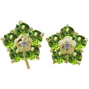 ペリドット ピアス 花 フラワー ピアス キャッチ不要 フックピアス 10金