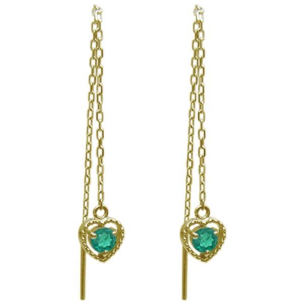 ロングピアス エメラルド ハートピアス ミル打ちデザイン