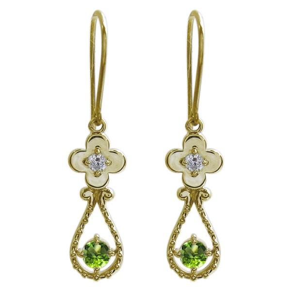 ペリドット フックピアス フラワー 花 モチーフ ピアス 10金