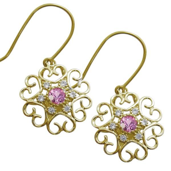 ピンクサファイア ピアス ハート フックピアス 花モチーフ 10金 ピアス