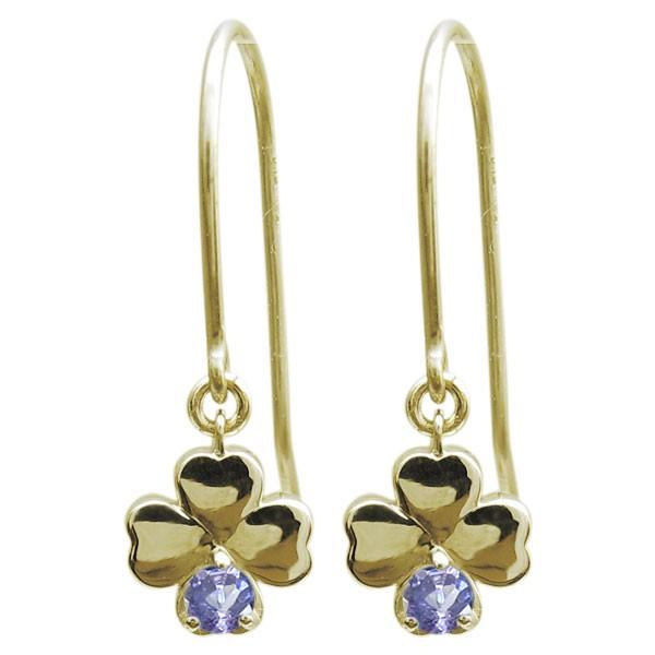 クローバーピアス 四つ葉 タンザナイト ピアス フックピアス 18金