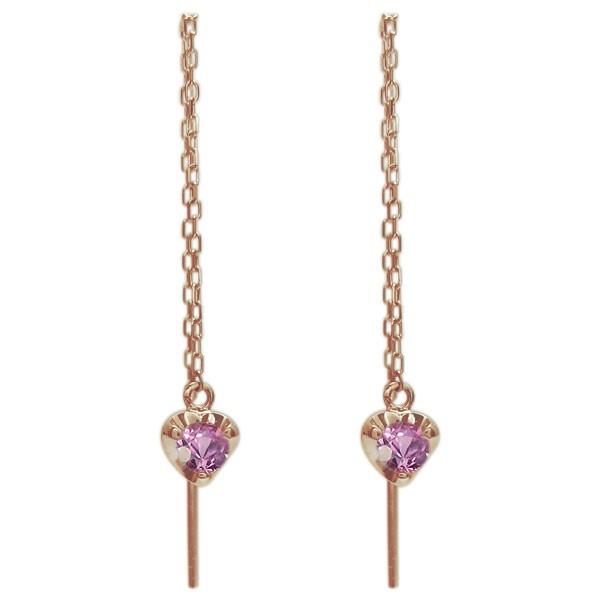 ハートピアス ピンクサファイア ロングピアス 一粒 ハートピアス