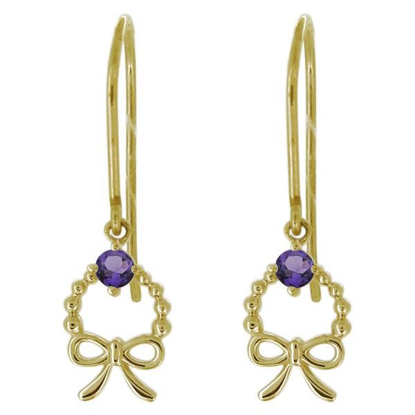 ピアス リボン レディース アメジスト フックピアス 揺れる 10金