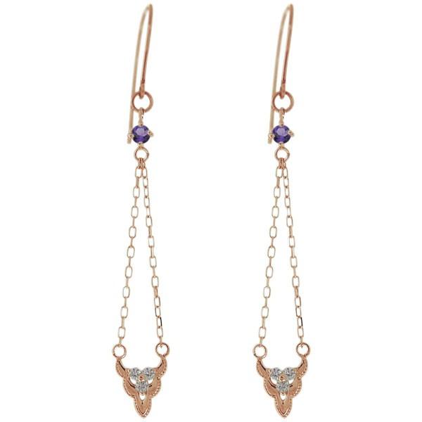 18金 ピアス ロングチェーン 天然石 アメジスト 揺れるピアス