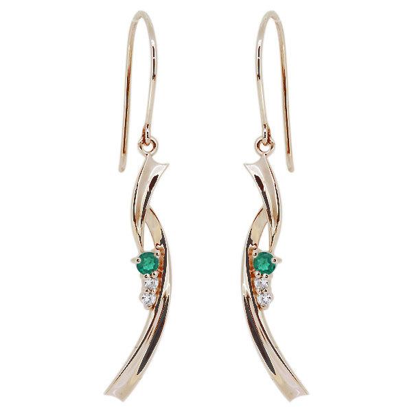 揺れるピアス レディース 18k フックピアス 5月誕生石 エメラルド k18 ピンク イエローの画像