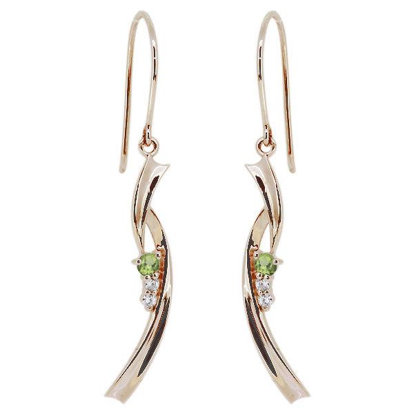 ピアス 揺れる レディース 誕生石 8月 ペリドット 10k フックピアス ロング 両耳用