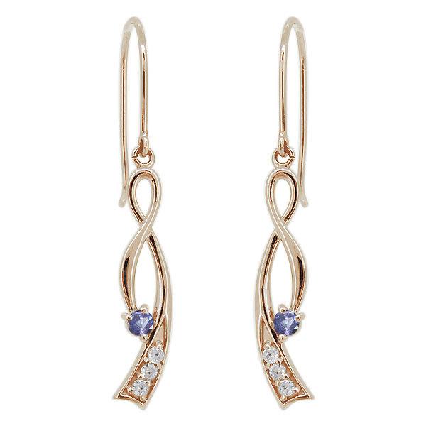 ピアス 18k 揺れる レディース インフィニティ 12月誕生石 タンザナイト りぼん k18 ピンク イエローの画像