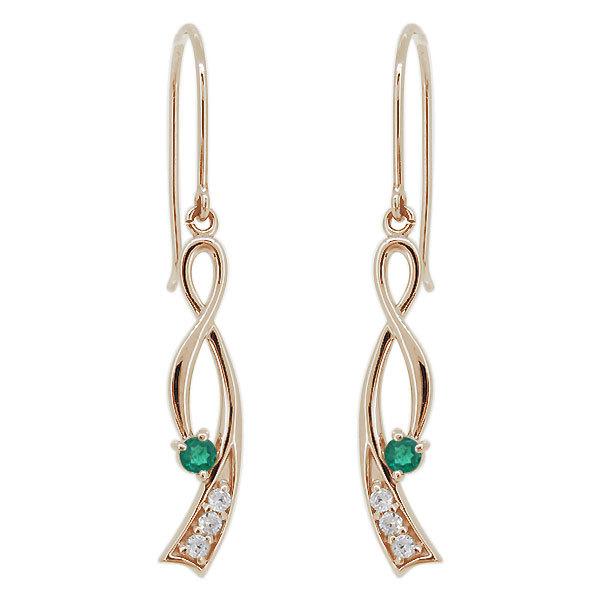 揺れる エメラルド ピアス 5月誕生石 レディース 10k フックピアス インフィニティ 両耳用