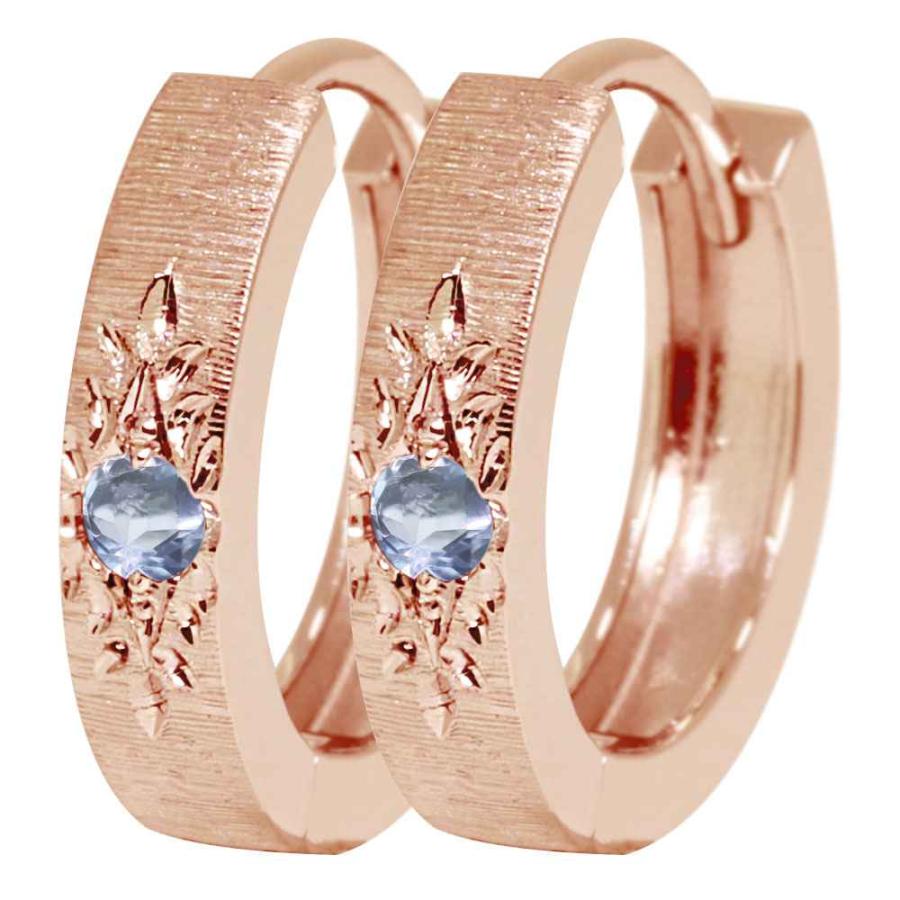 ピアス 18k 18金 フープピアス レディース ゴールド ピンク アクアマリンサンタマリア 中折れ 手彫り 両耳の画像
