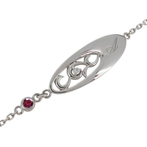 イニシャルブレスレット レディース 7月誕生石 ルビー プラチナ 唐草