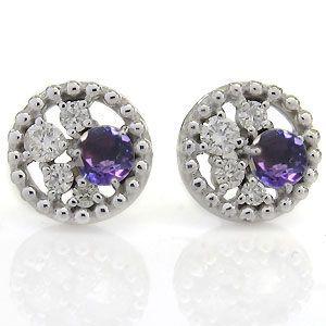 アメジスト 18K 一粒 ミル打ち 18金 ピアス