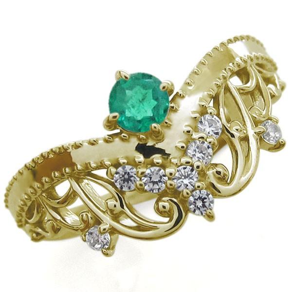 エメラルド ピンキーリング ティアラ 王冠 リング 唐草 指輪 K10