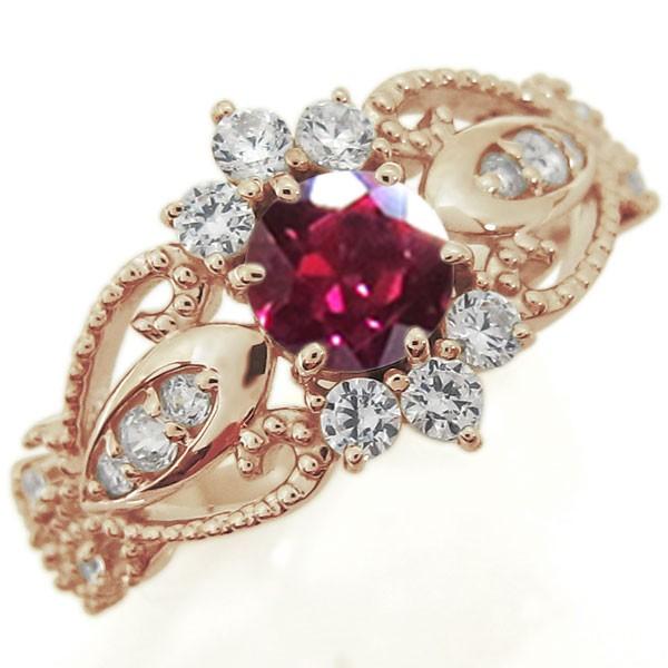 アンティーク調 ルビーリング ミル打ち 指輪 K18